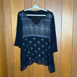 B.L.E.U. Tunic Top Womens XL Black Boho Embellished Sharkbite Hem Whimsigoth Y2K